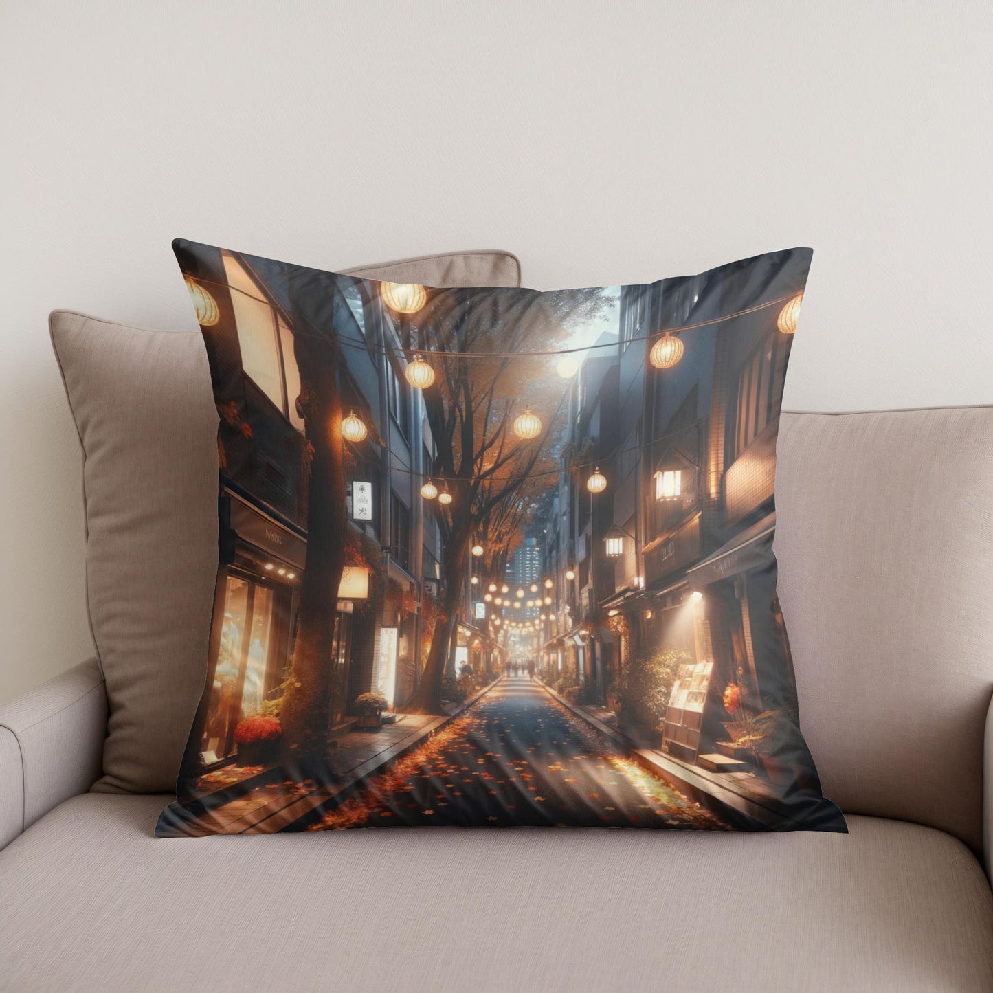 Autumn Alley at Night Cotton Cushion