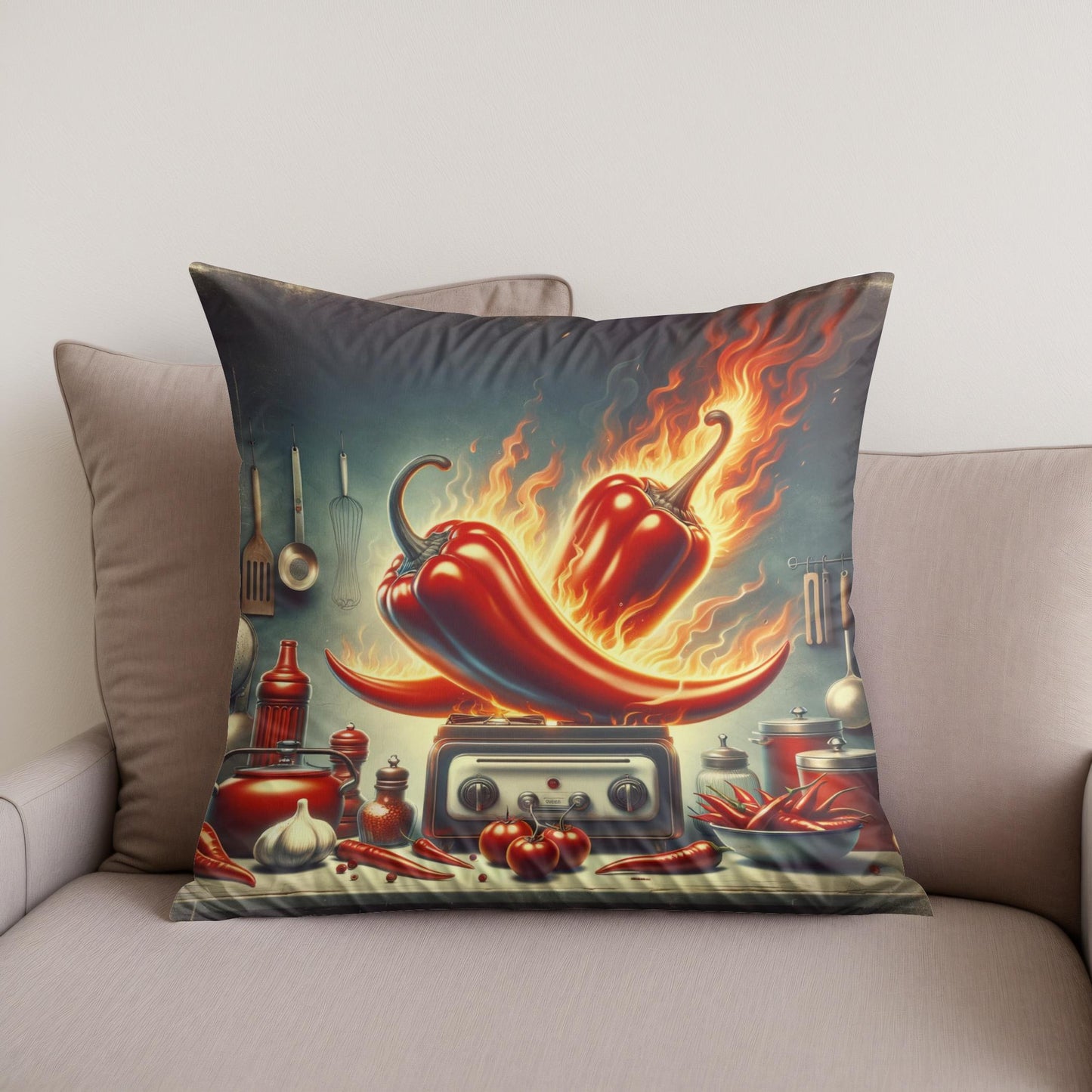 Retro Fire Chillies Kitchen Art Cotton Cushion