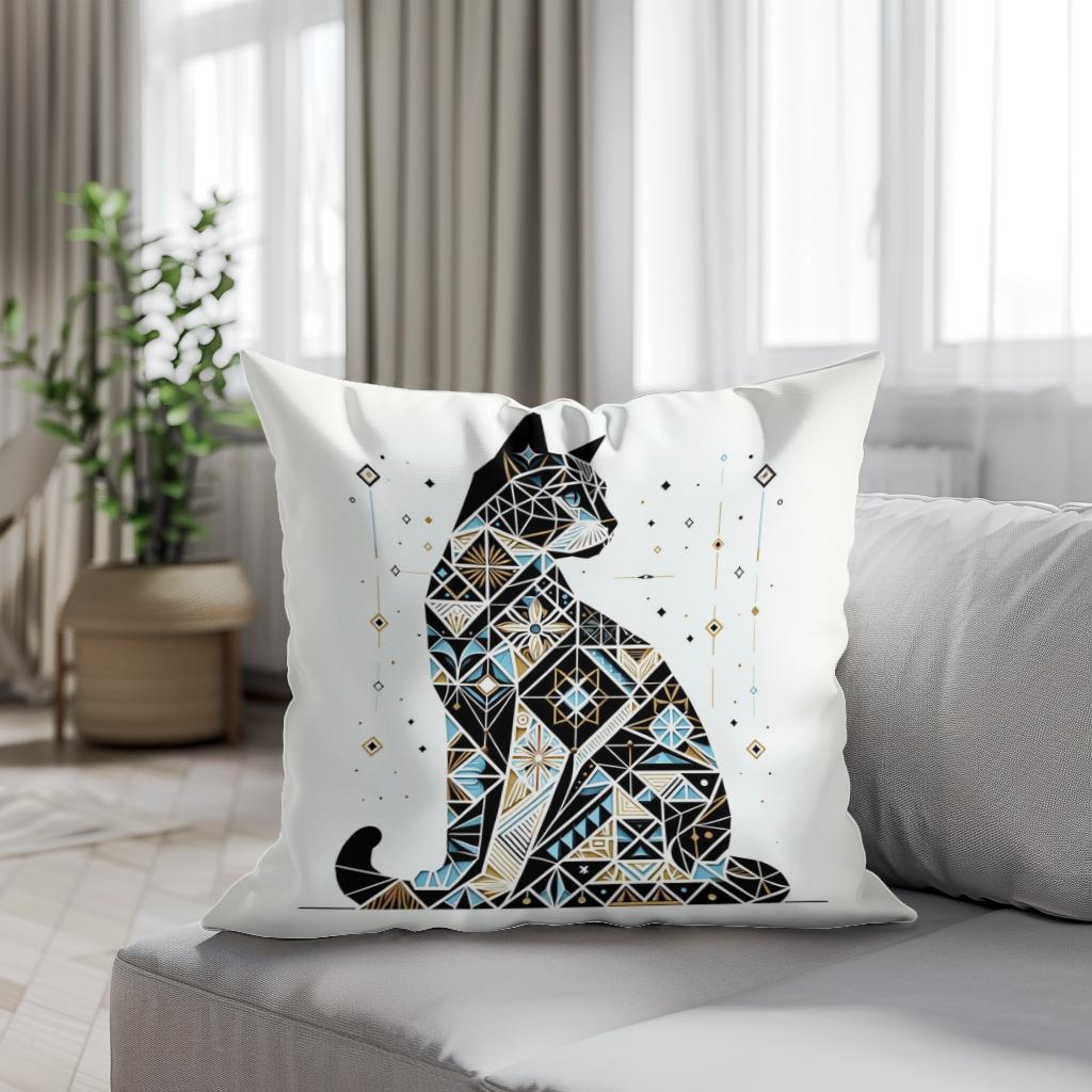 Mystic Azure Feline Mosaic Cotton Cushion