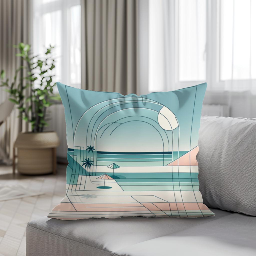 Pastel Shores: A Geometric Seaside Cotton Cushion