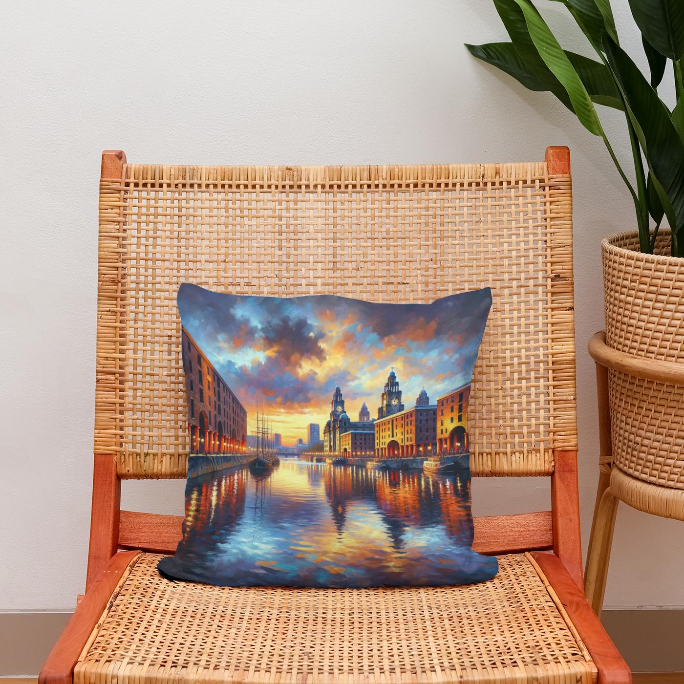 Liverpool Albert Dock Dusk Impression Cotton Cushion