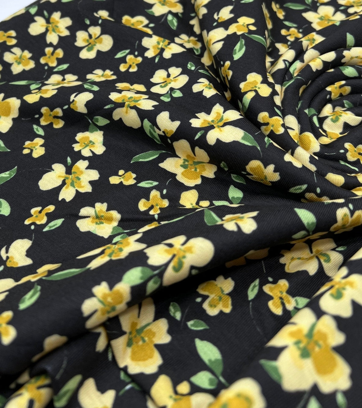 Yellow Floral Spun Poly Stretch Fabric