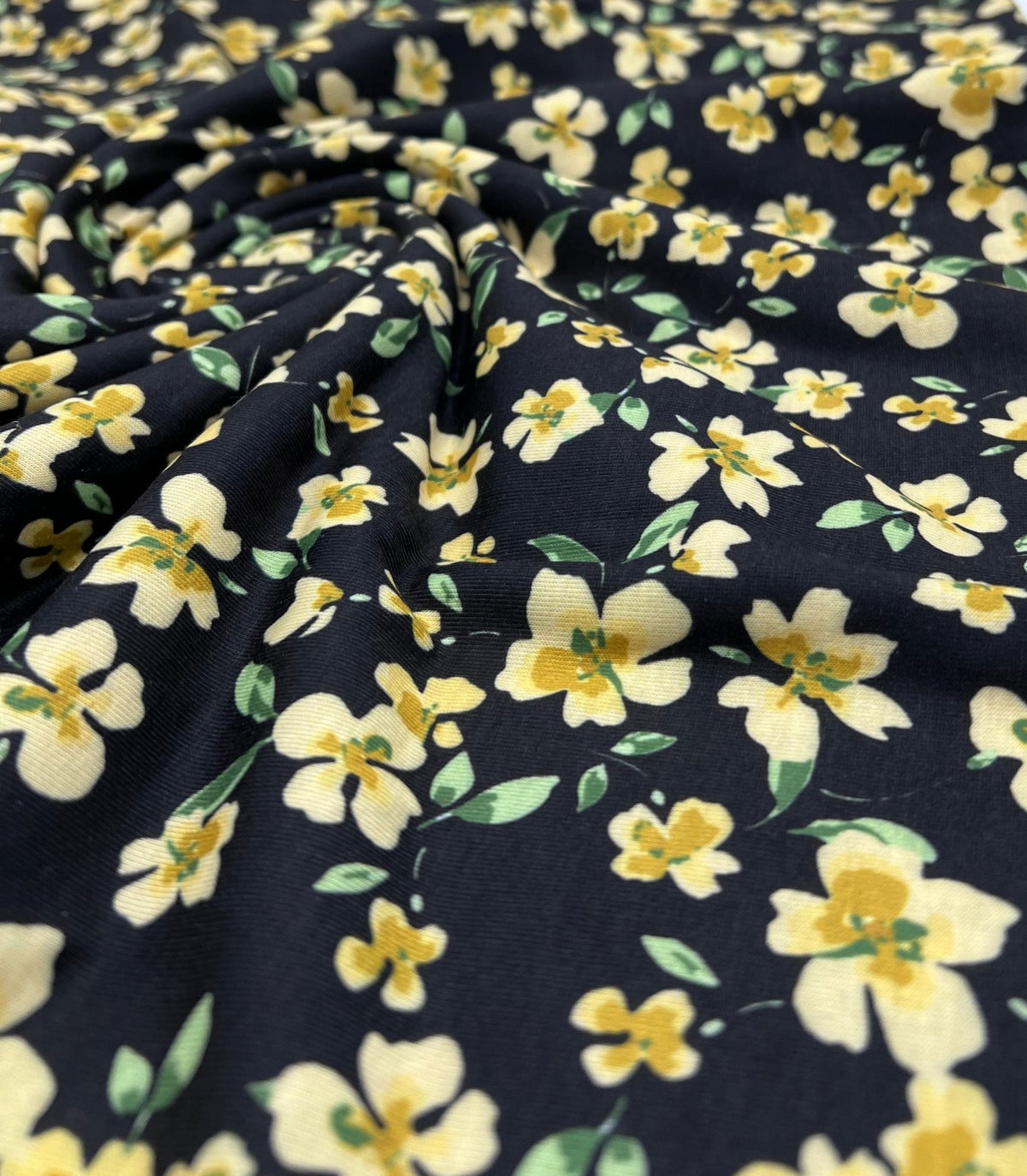 Yellow Floral Spun Poly Stretch Fabric