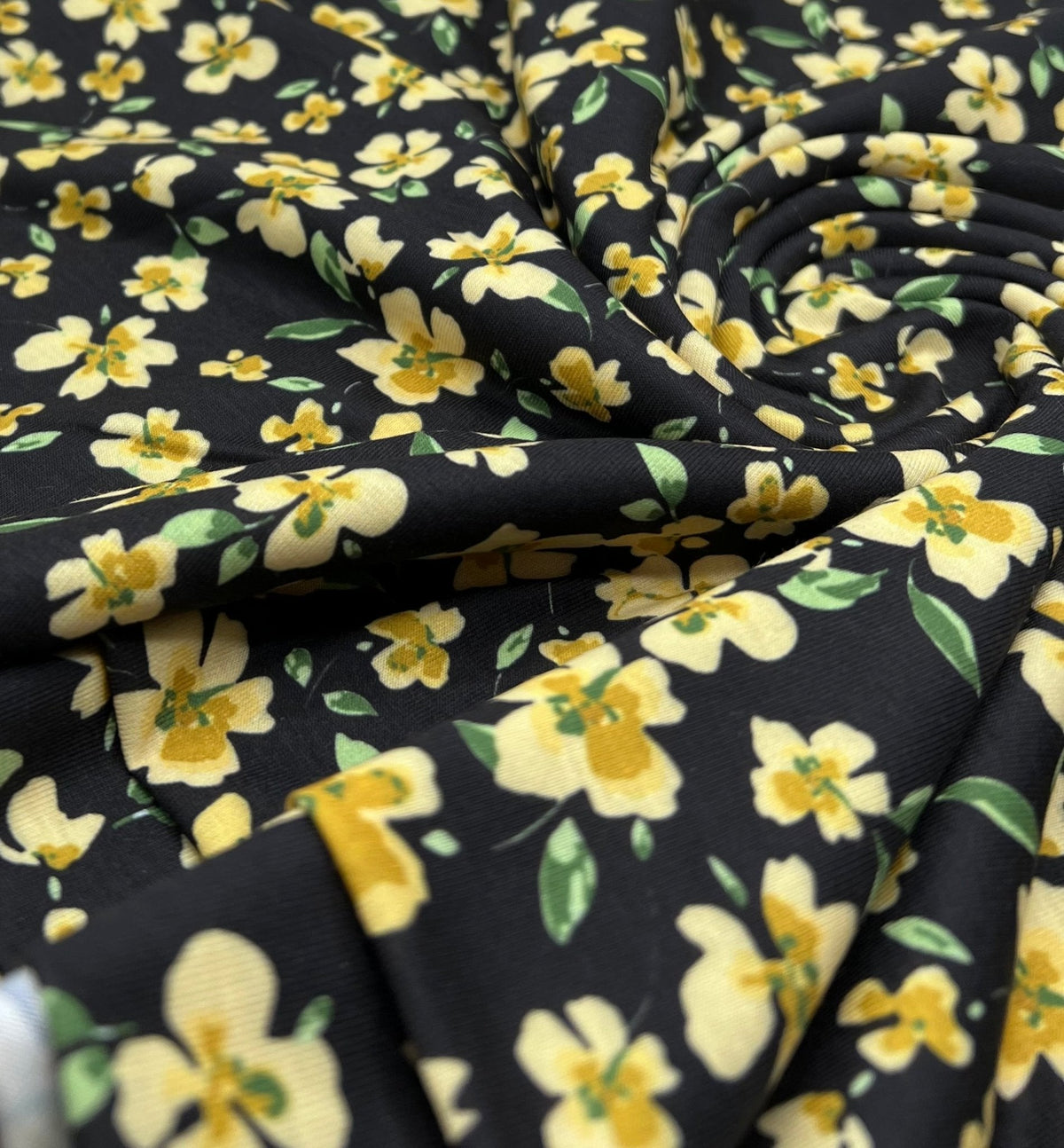 Yellow Floral Spun Poly Stretch Fabric