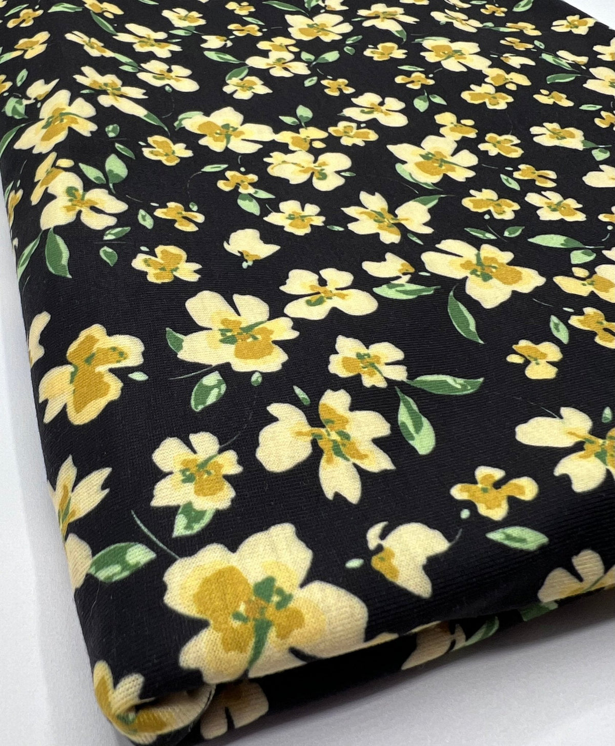 Yellow Floral Spun Poly Stretch Fabric