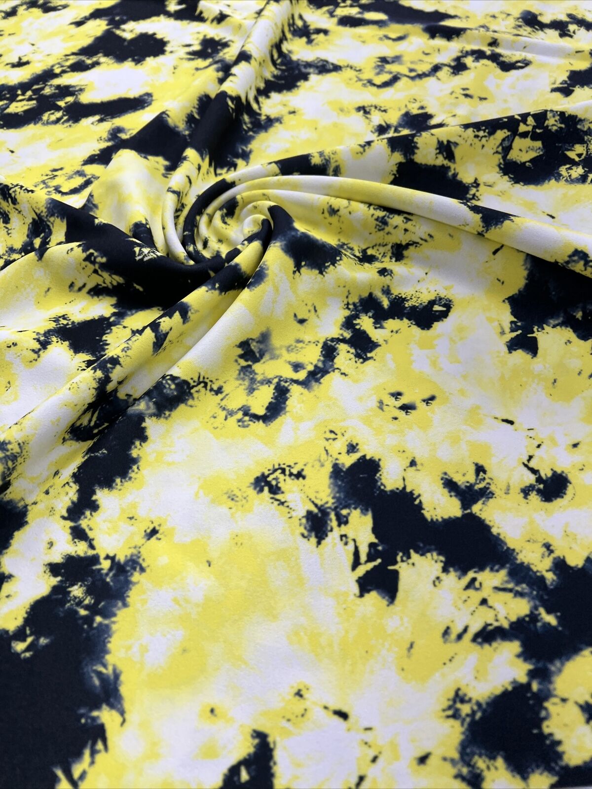 Yellow Black Mix Printed Scuba Crepe Jersey Fabric 4 Way Stretch