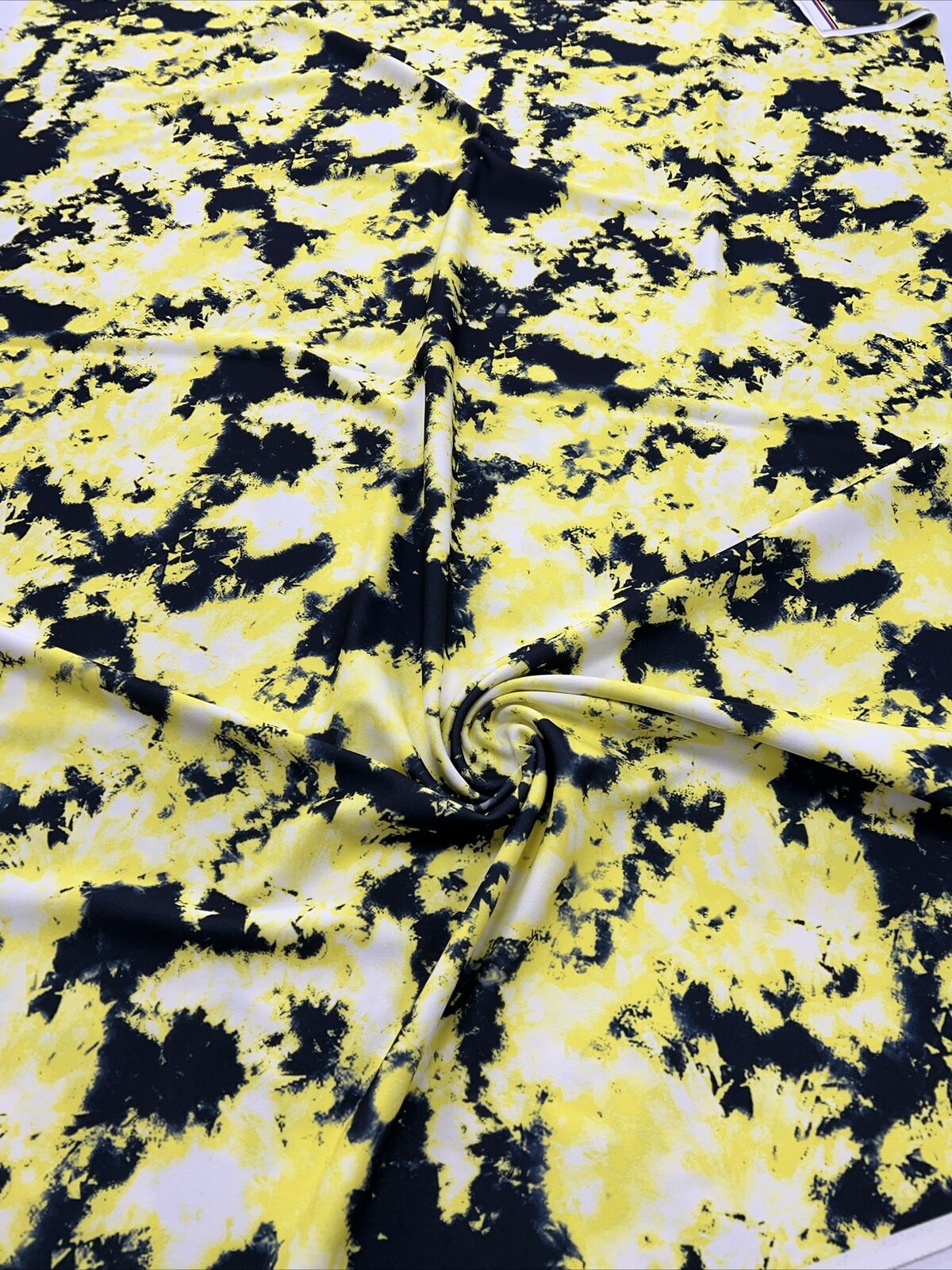 Yellow Black Mix Printed Scuba Crepe Jersey Fabric 4 Way Stretch
