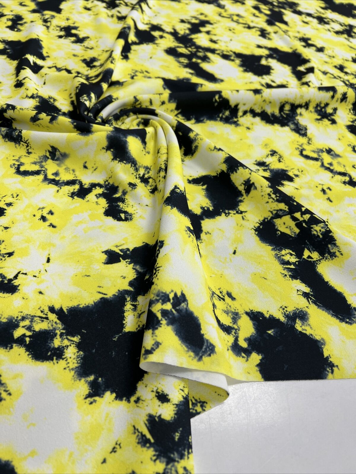 Yellow Black Mix Printed Scuba Crepe Jersey Fabric 4 Way Stretch