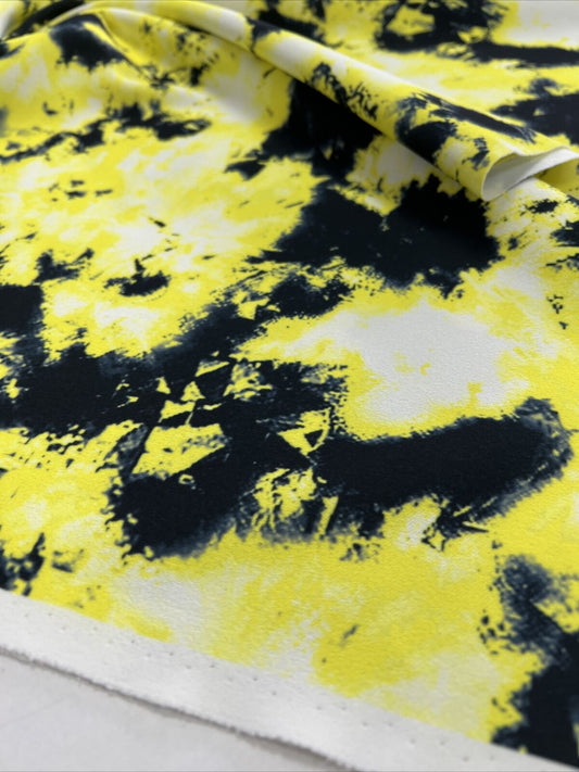 Yellow Black Mix Printed Scuba Crepe Jersey Fabric 4 Way Stretch