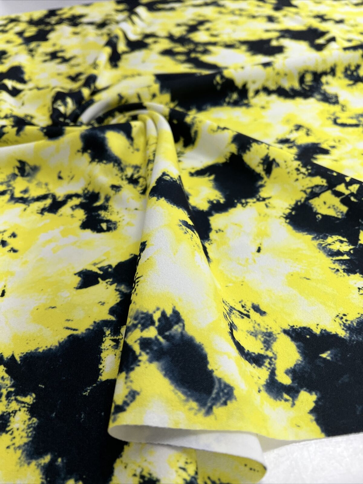 Yellow Black Mix Printed Scuba Crepe Jersey Fabric 4 Way Stretch