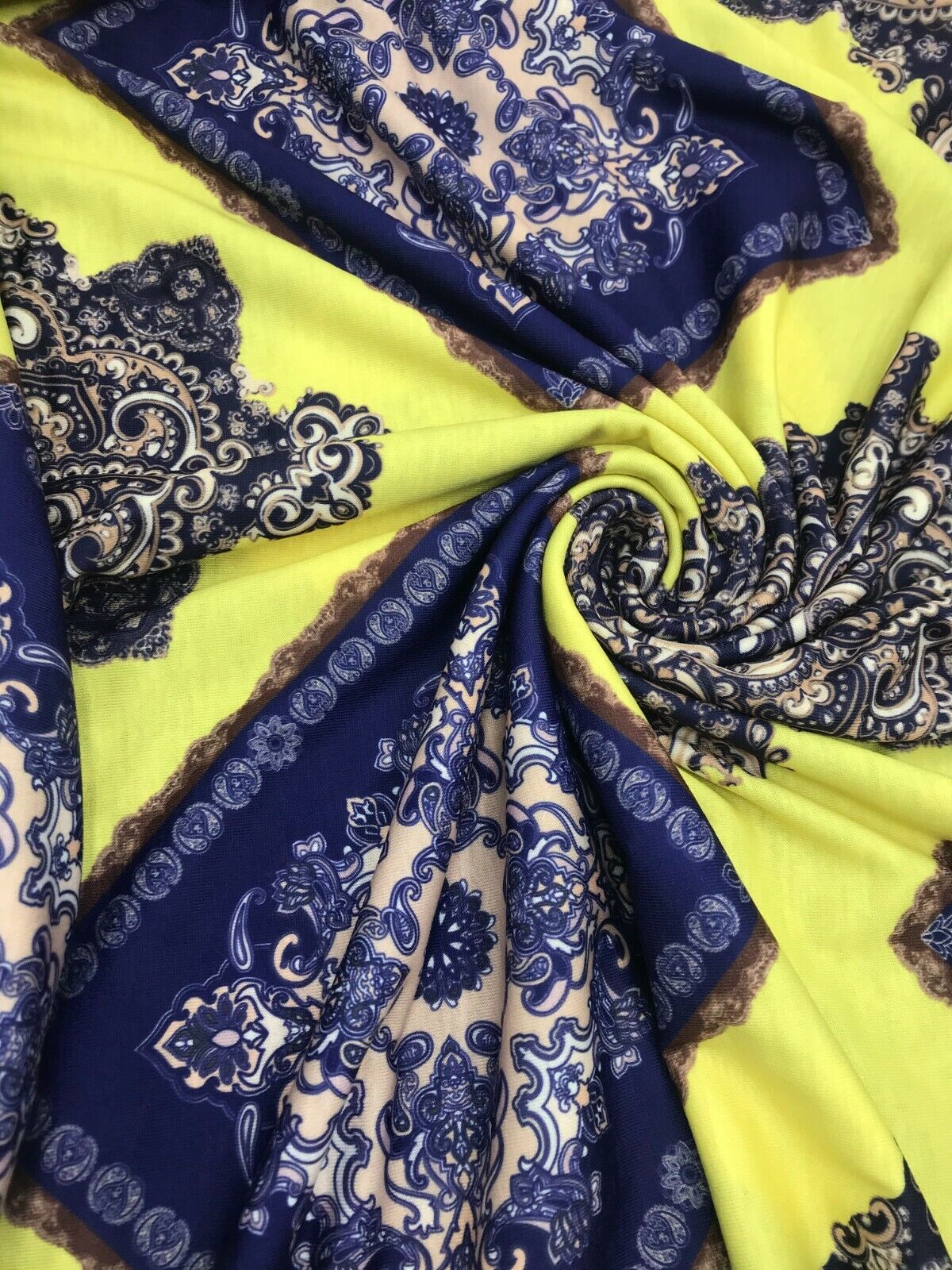 Yellow & Blue Damask Style Print Polyester Stretch Jersey