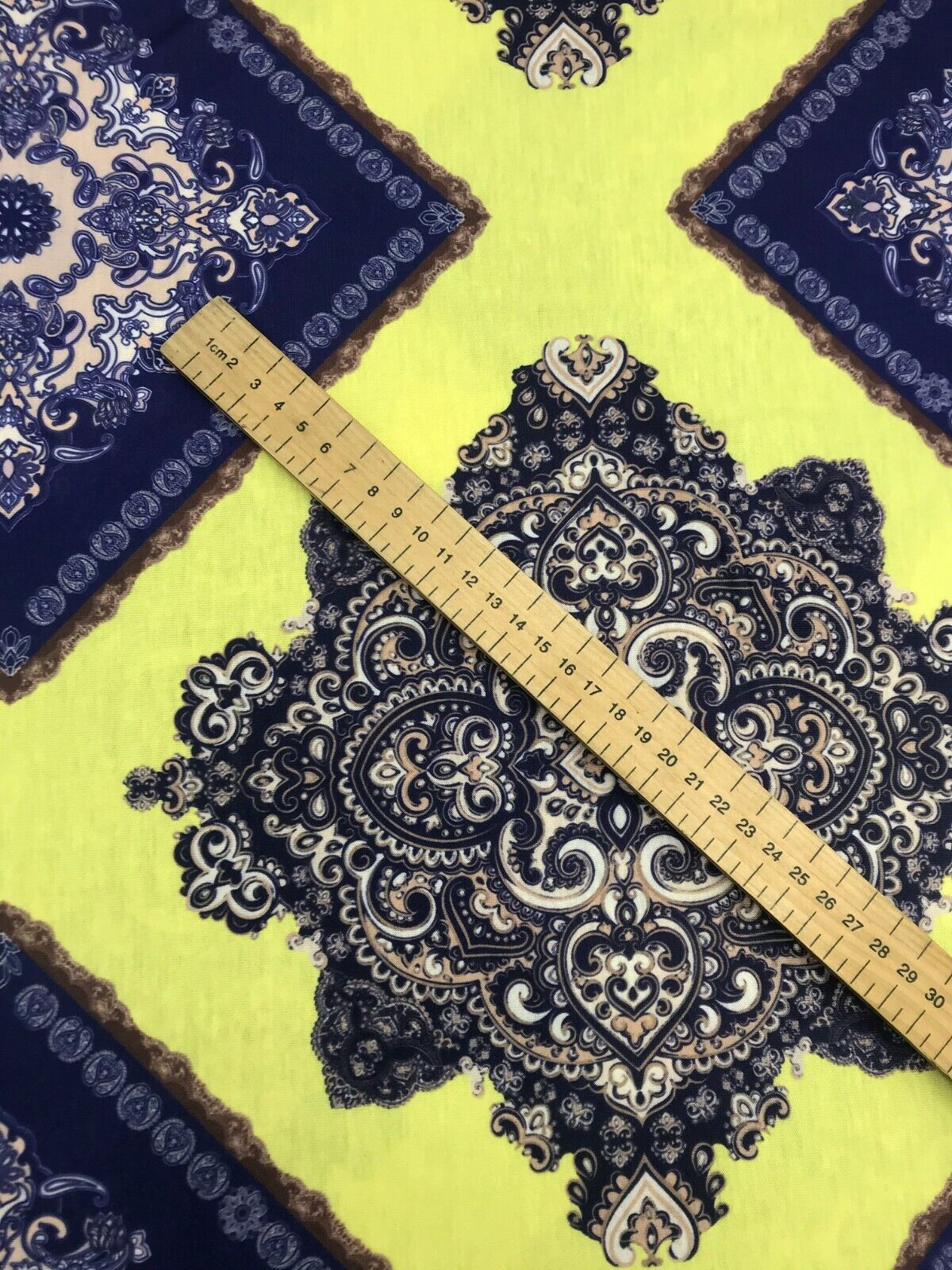 Yellow & Blue Damask Style Print Polyester Stretch Jersey