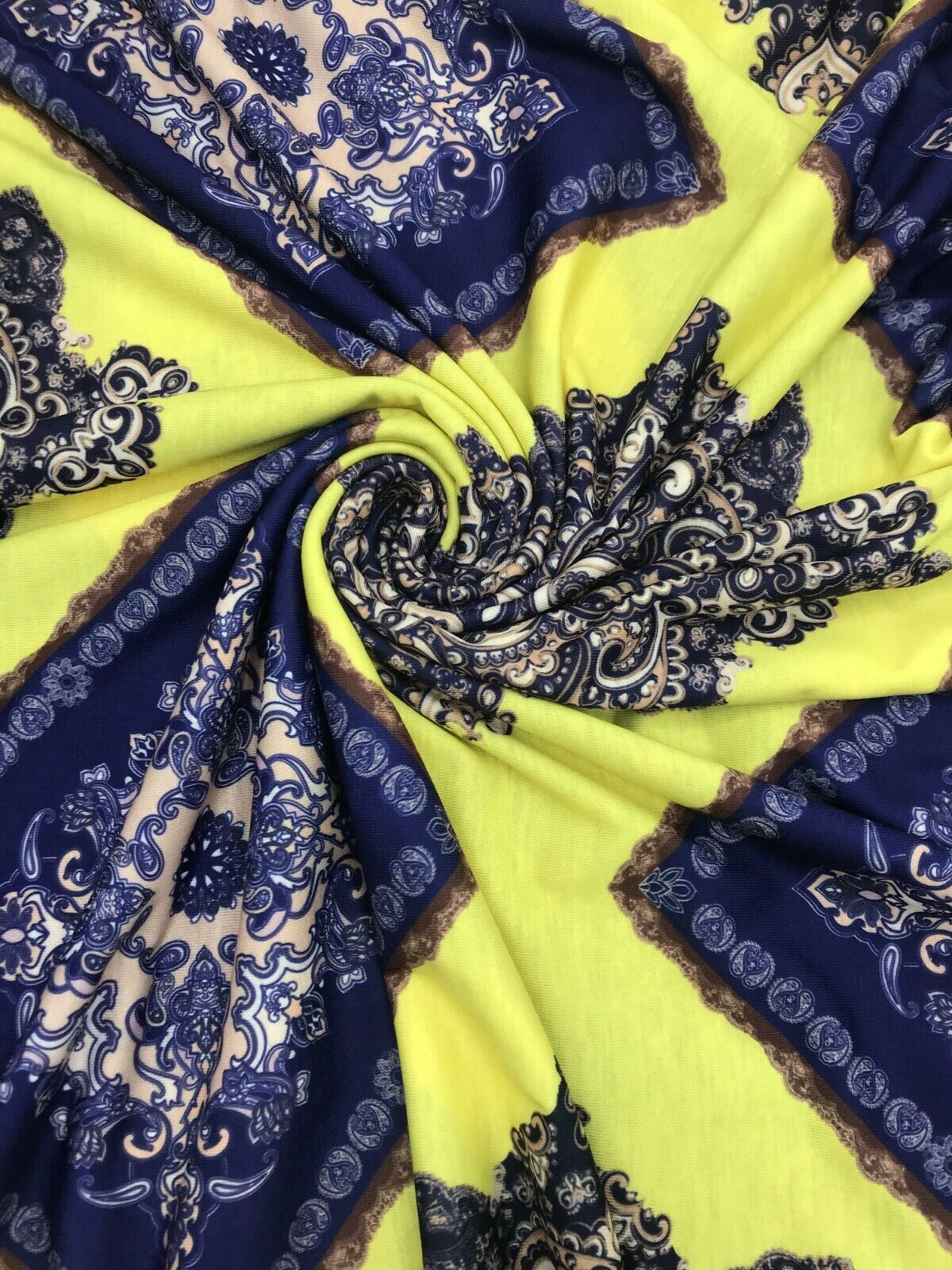 Yellow & Blue Damask Style Print Polyester Stretch Jersey