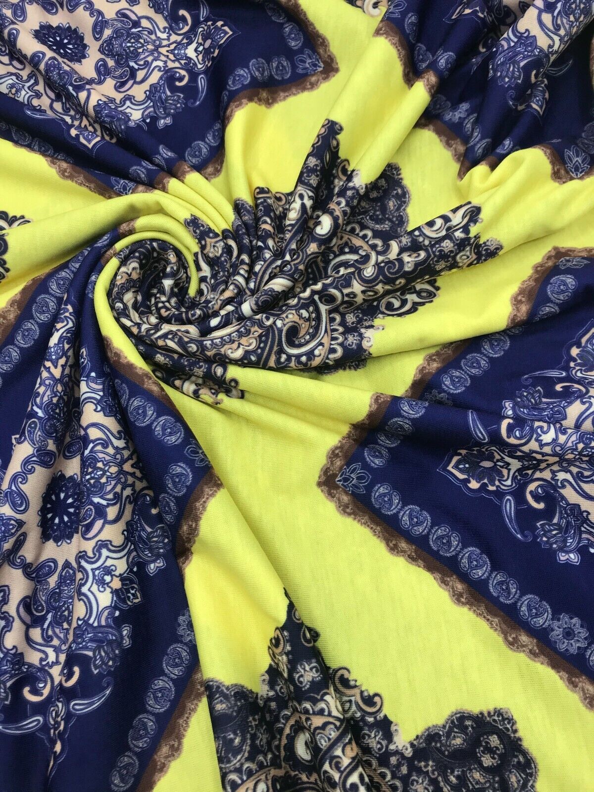 Yellow & Blue Damask Style Print Polyester Stretch Jersey
