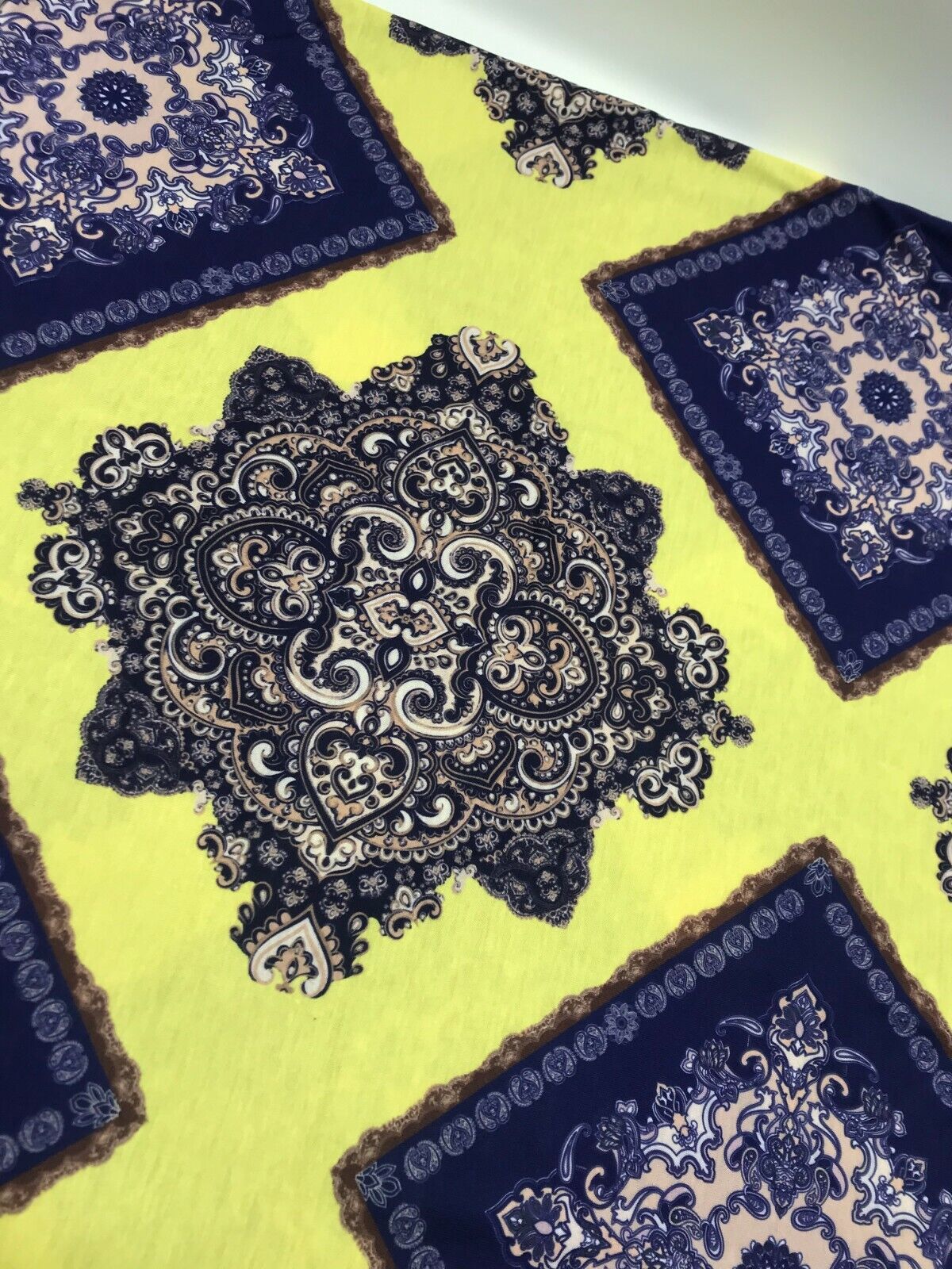 Yellow & Blue Damask Style Print Polyester Stretch Jersey
