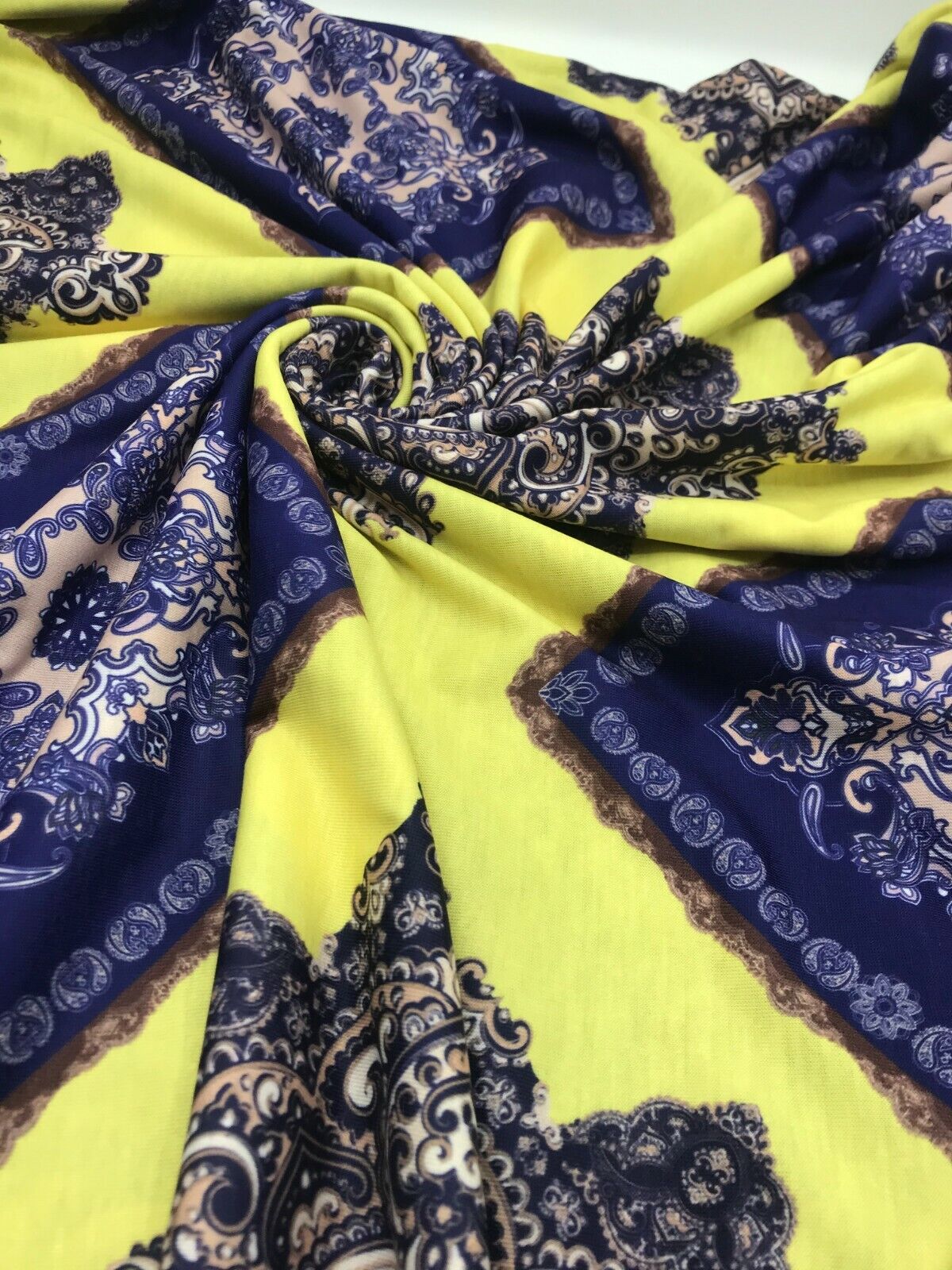 Yellow & Blue Damask Style Print Polyester Stretch Jersey