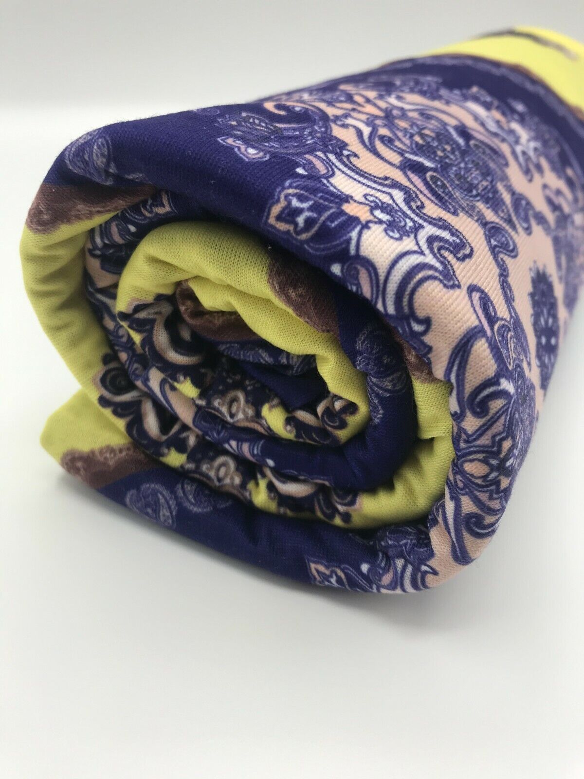 Yellow & Blue Damask Style Print Polyester Stretch Jersey