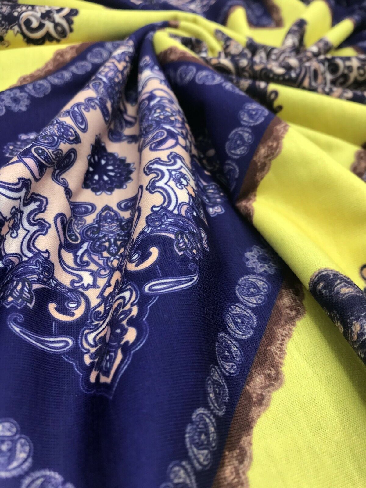 Yellow & Blue Damask Style Print Polyester Stretch Jersey