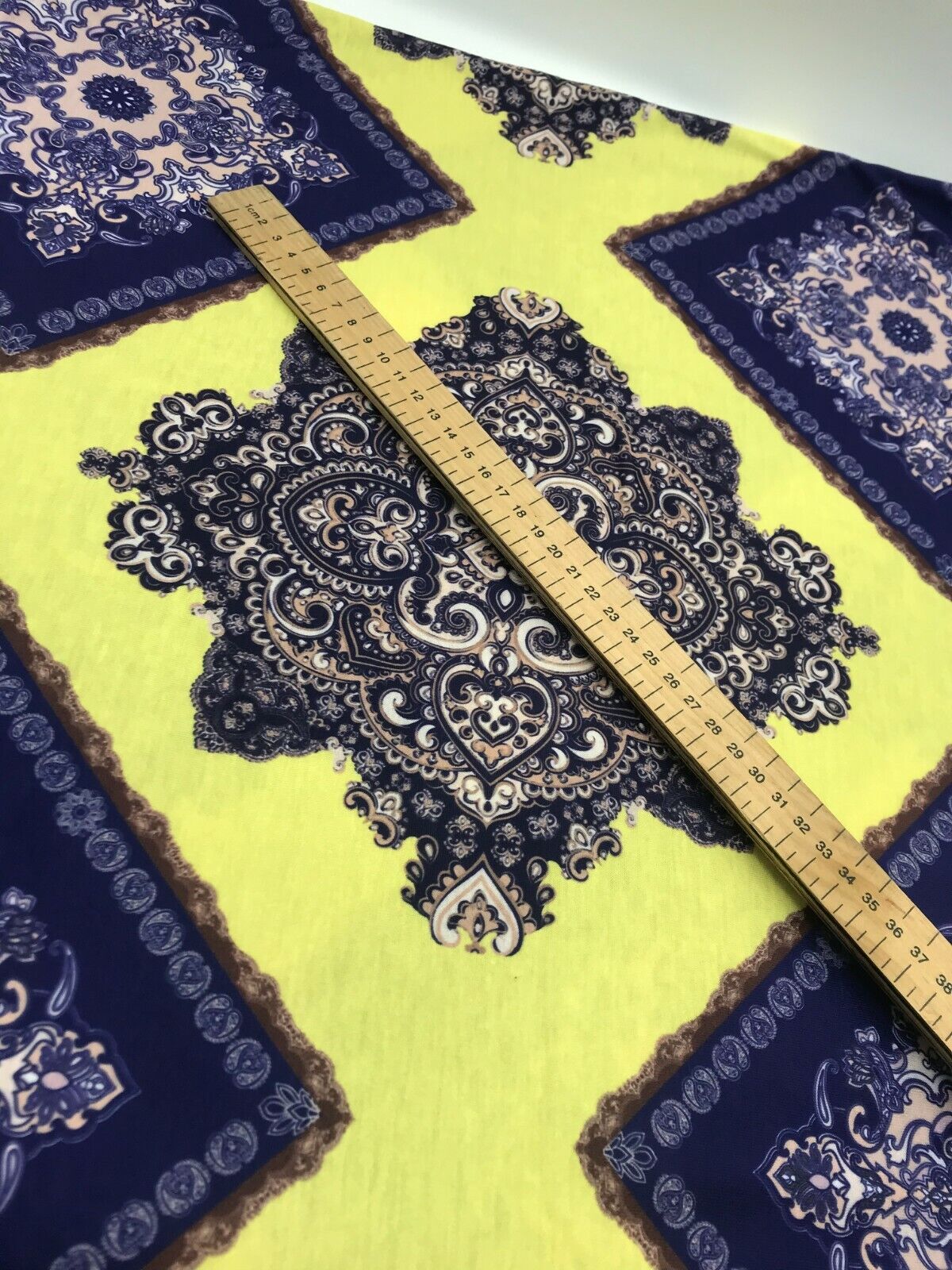 Yellow & Blue Damask Style Print Polyester Stretch Jersey