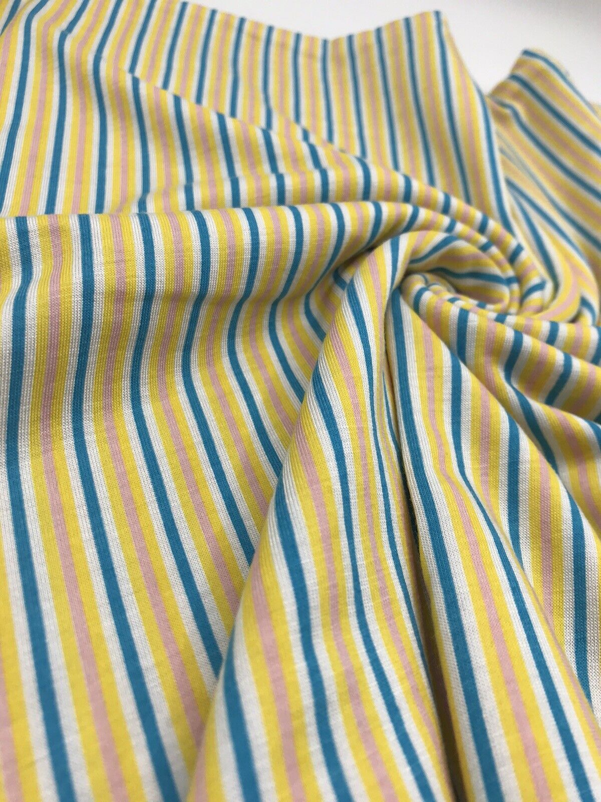 Yellow, Blue & Pink Vertical Stripe Print Viscose Elastane Fabric