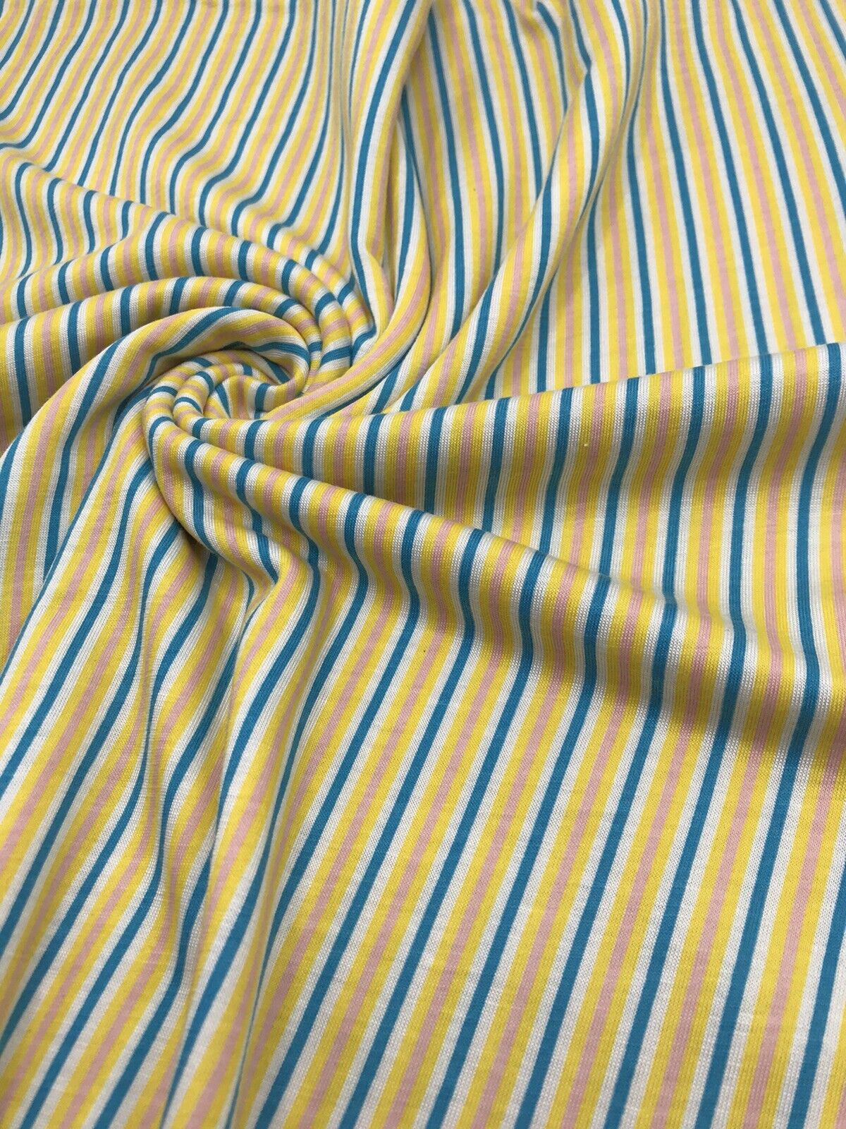 Yellow, Blue & Pink Vertical Stripe Print Viscose Elastane Fabric