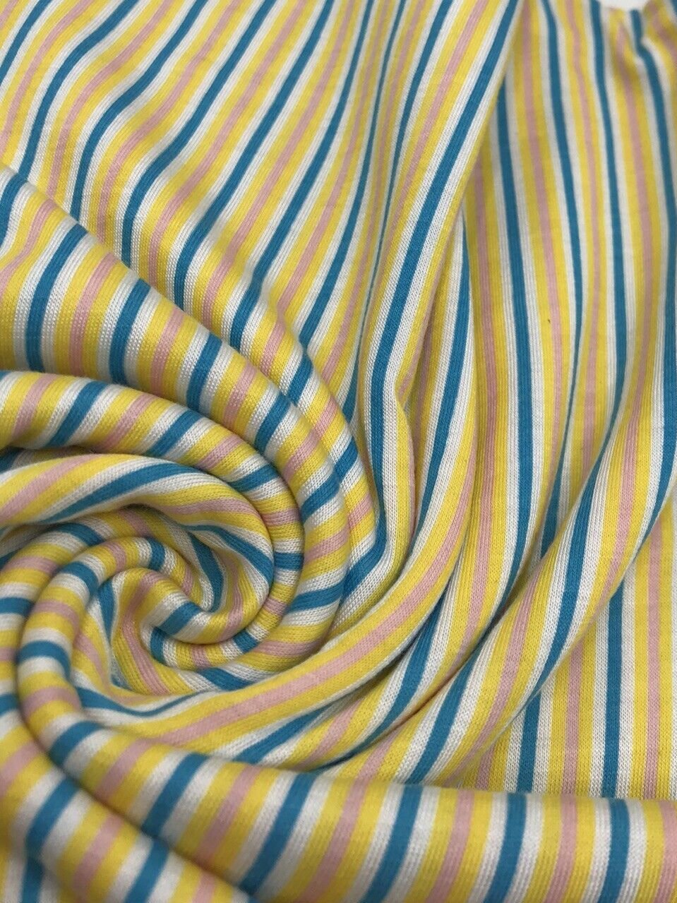 Yellow, Blue & Pink Vertical Stripe Print Viscose Elastane Fabric