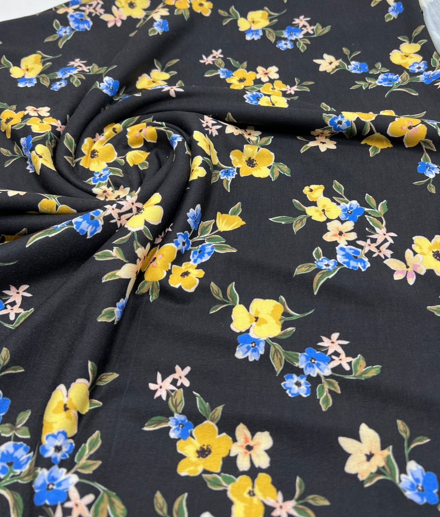 Yellow Floral Blooms Print Viscose Elastane 4 Way Stretch Fabric