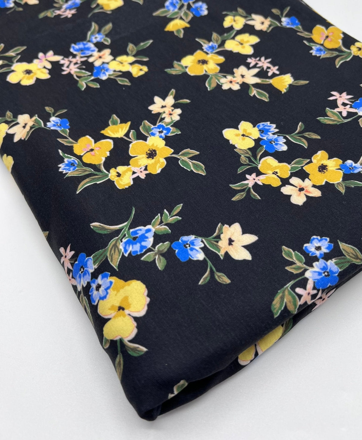 Yellow Floral Blooms Print Viscose Elastane 4 Way Stretch Fabric