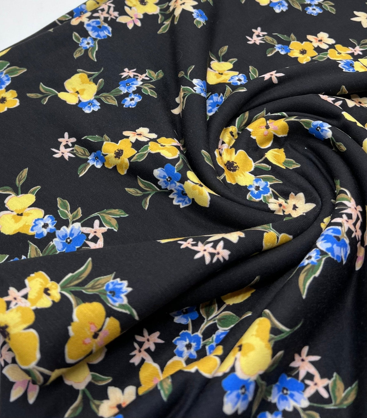 Yellow Floral Blooms Print Viscose Elastane 4 Way Stretch Fabric