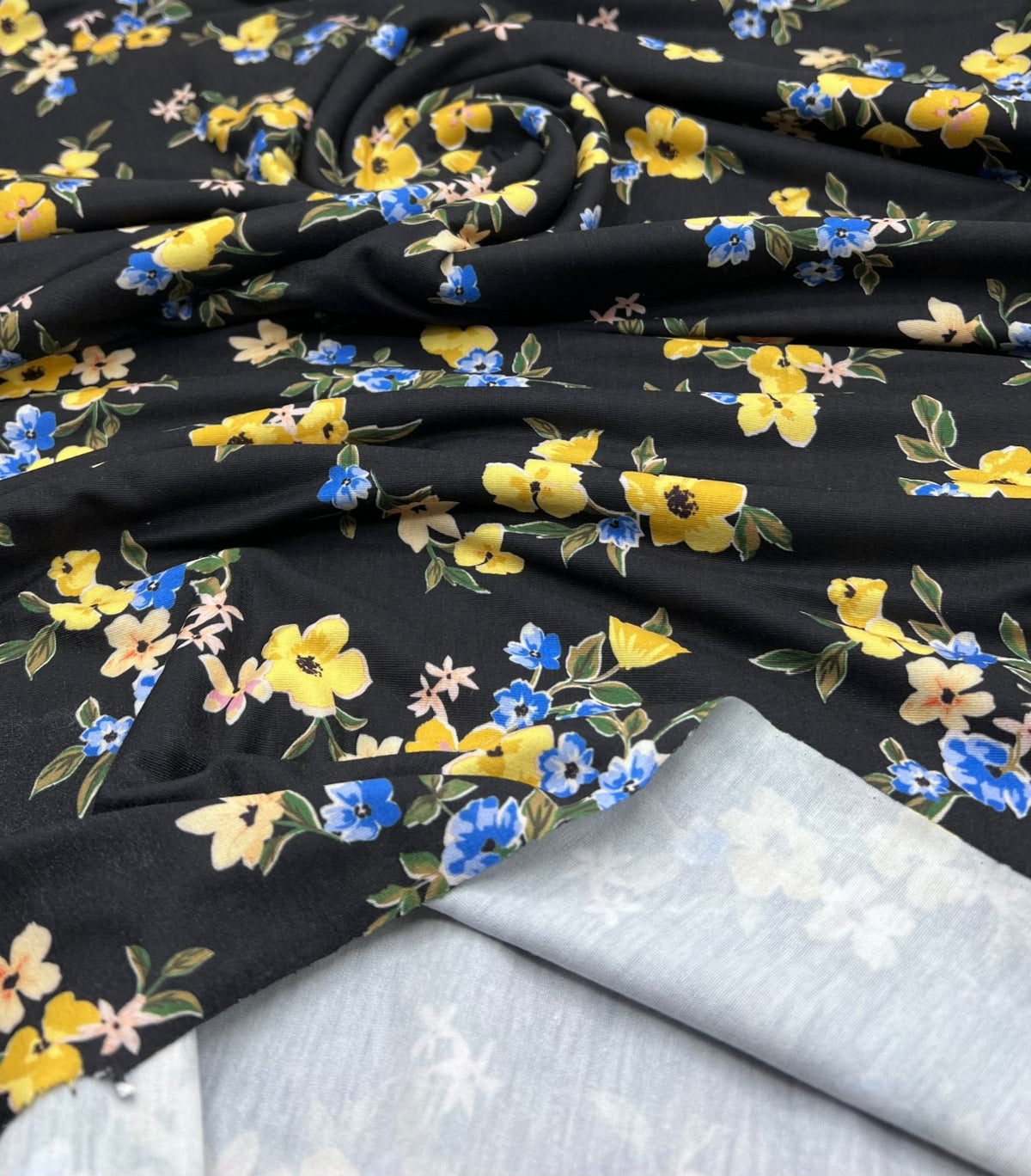 Yellow Floral Blooms Print Viscose Elastane 4 Way Stretch Fabric