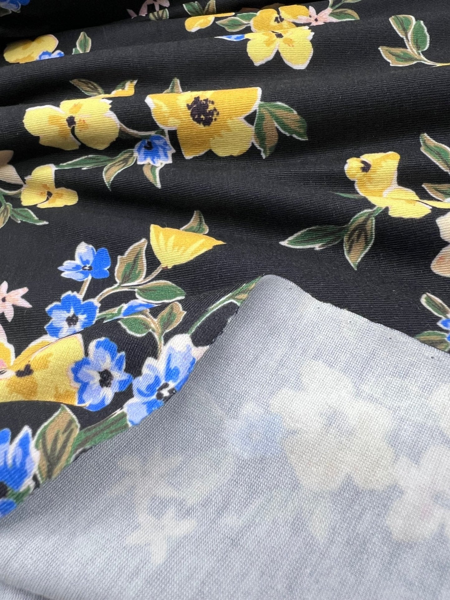Yellow Floral Blooms Print Viscose Elastane 4 Way Stretch Fabric