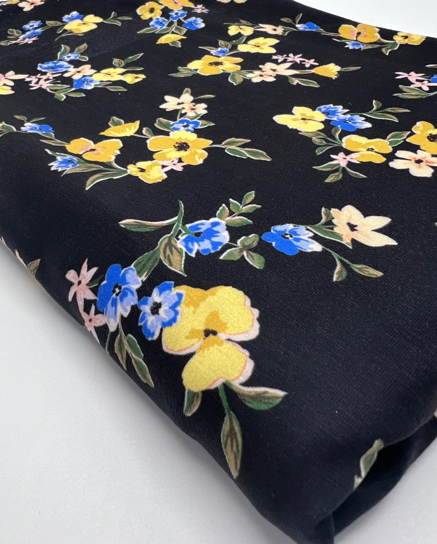 Yellow Floral Blooms Print Viscose Elastane 4 Way Stretch Fabric