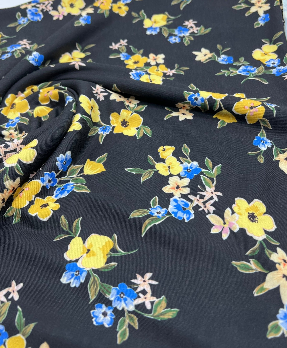 Yellow Floral Blooms Print Viscose Elastane 4 Way Stretch Fabric