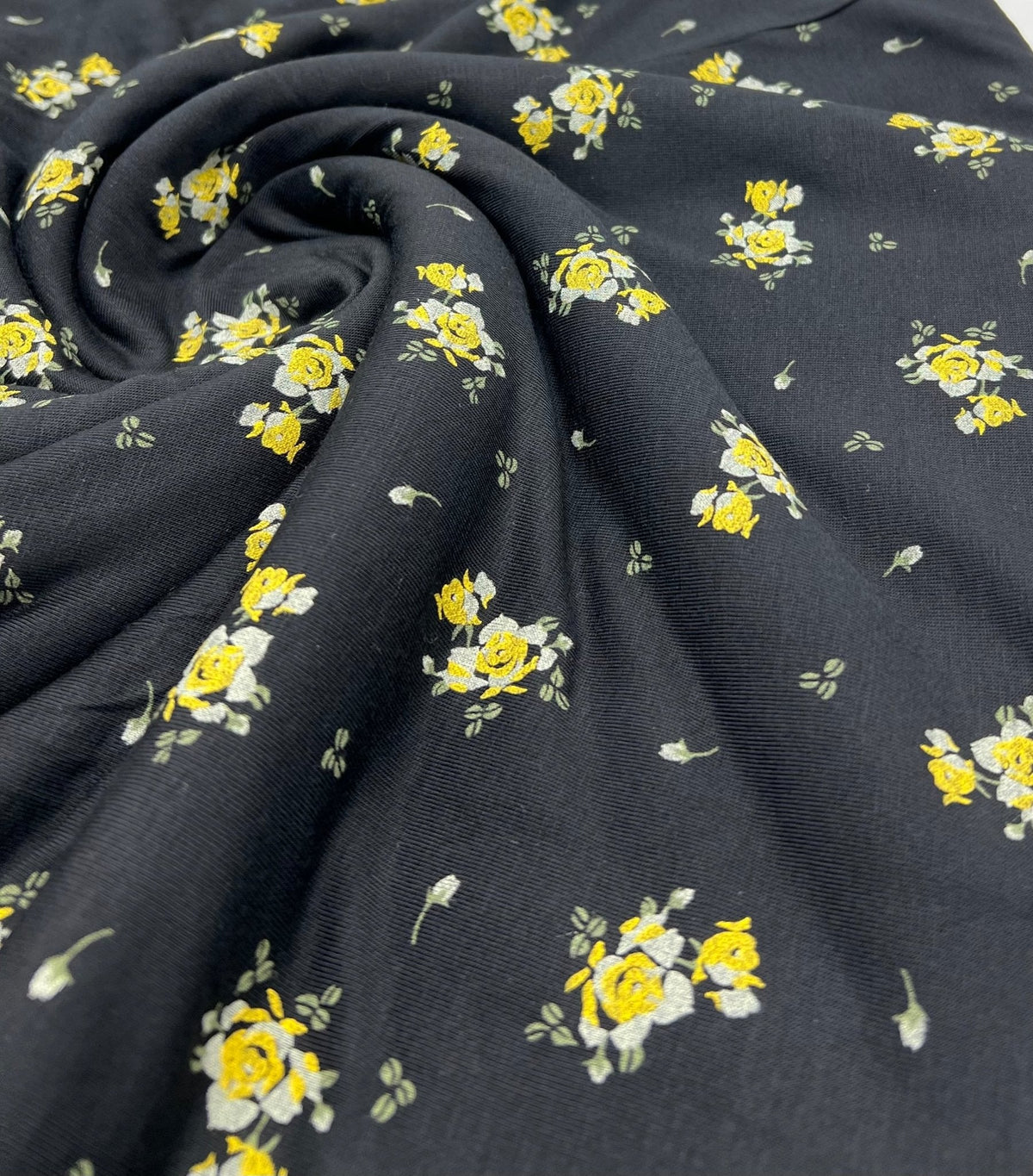 Yellow Flower On Black Print Viscose Elastane Fabric