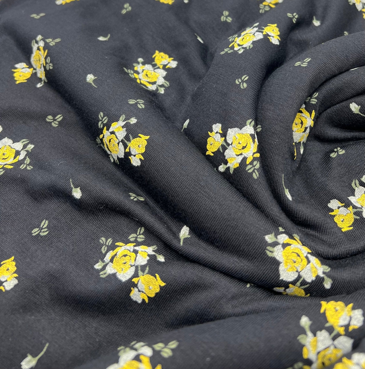 Yellow Flower On Black Print Viscose Elastane Fabric