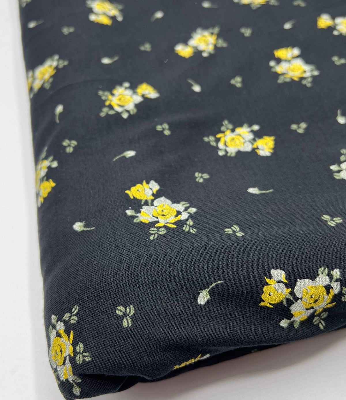 Yellow Flower On Black Print Viscose Elastane Fabric