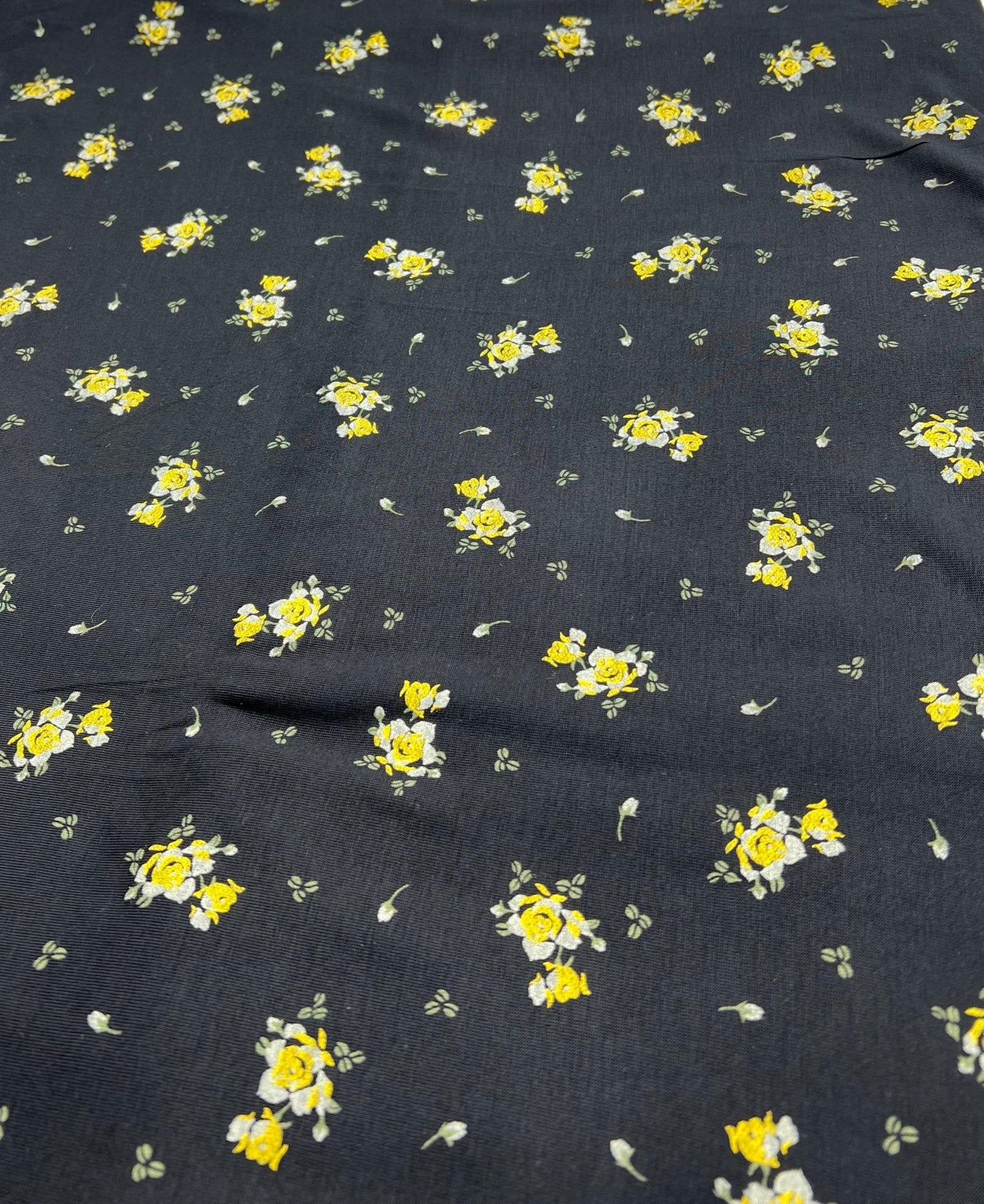 Yellow Flower On Black Print Viscose Elastane Fabric