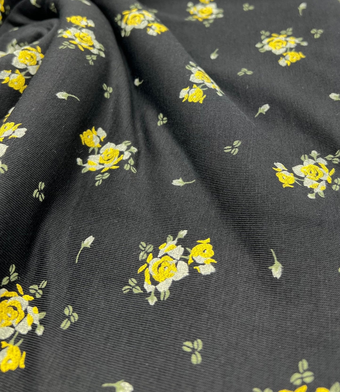 Yellow Flower On Black Print Viscose Elastane Fabric