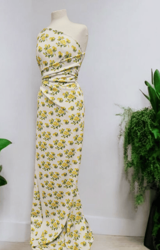 Yellow Fruit Printed Scuba Crepe Jersey Fabric 4 Way Stretch