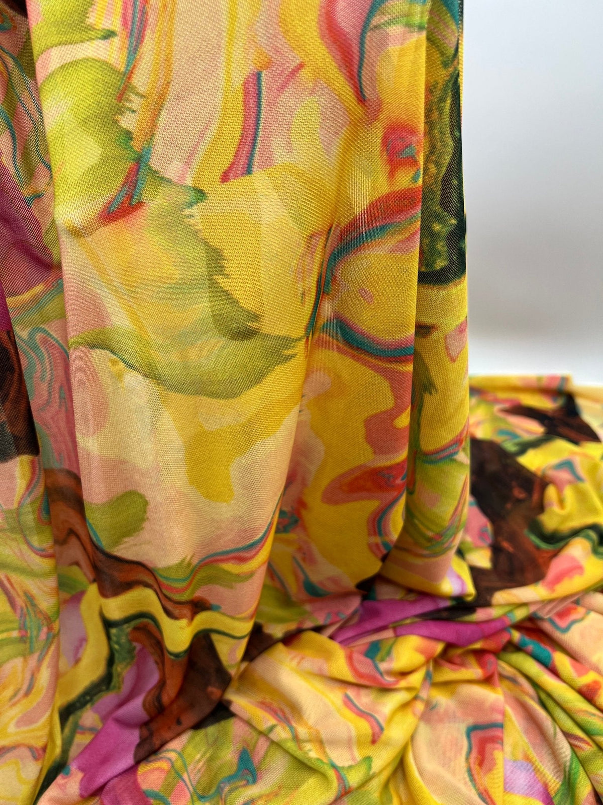 Yellow Mix Paint Print Mesh Fabric Stretch