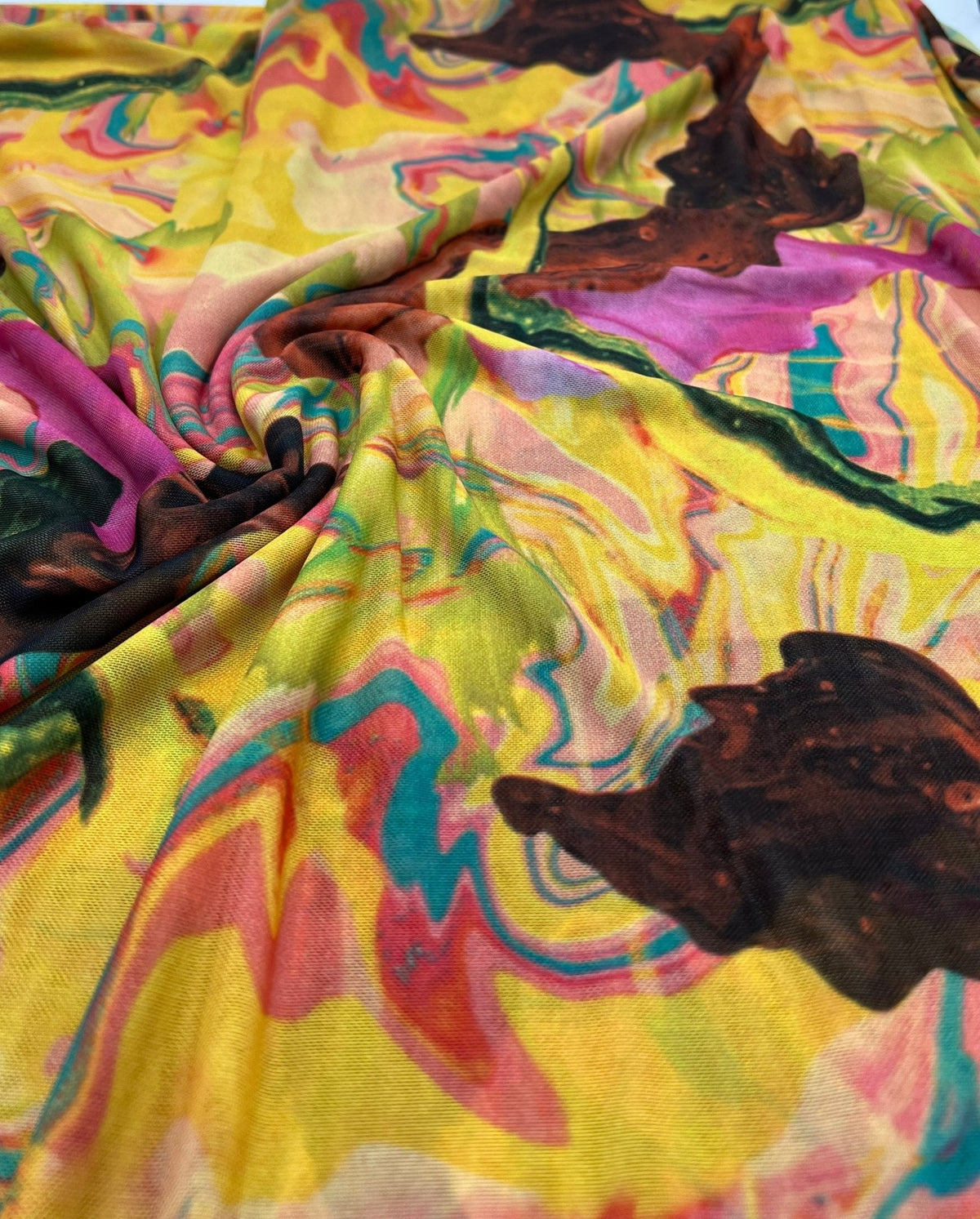 Yellow Mix Paint Print Mesh Fabric Stretch