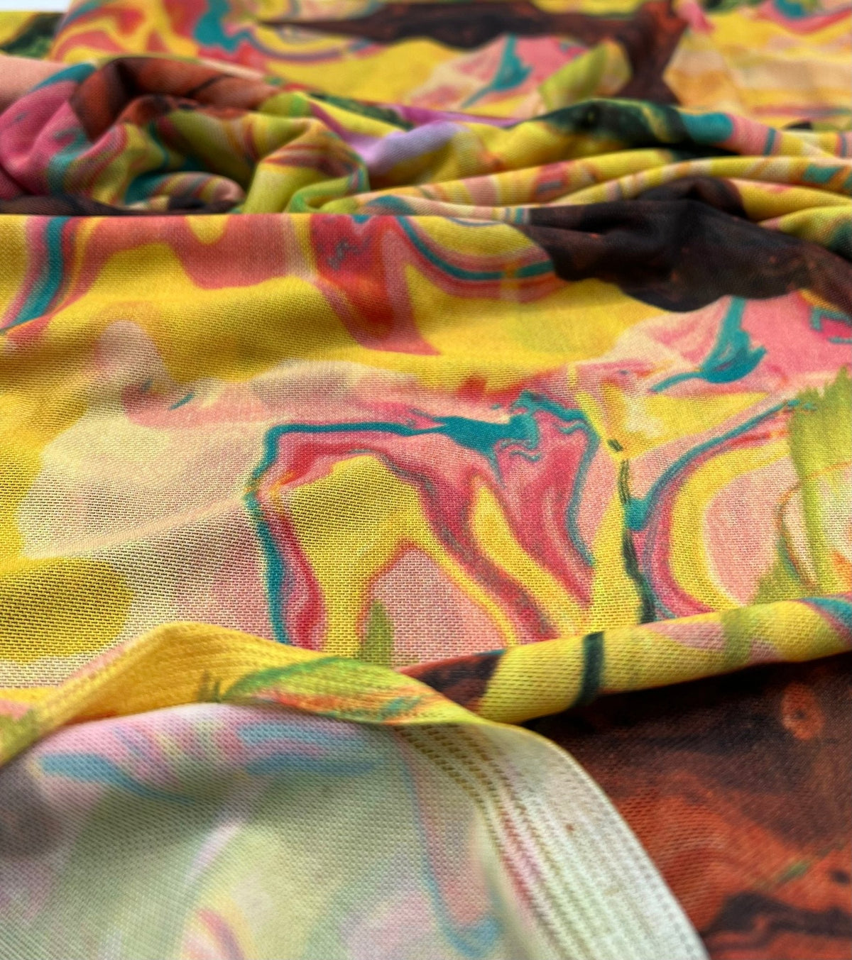 Yellow Mix Paint Print Mesh Fabric Stretch