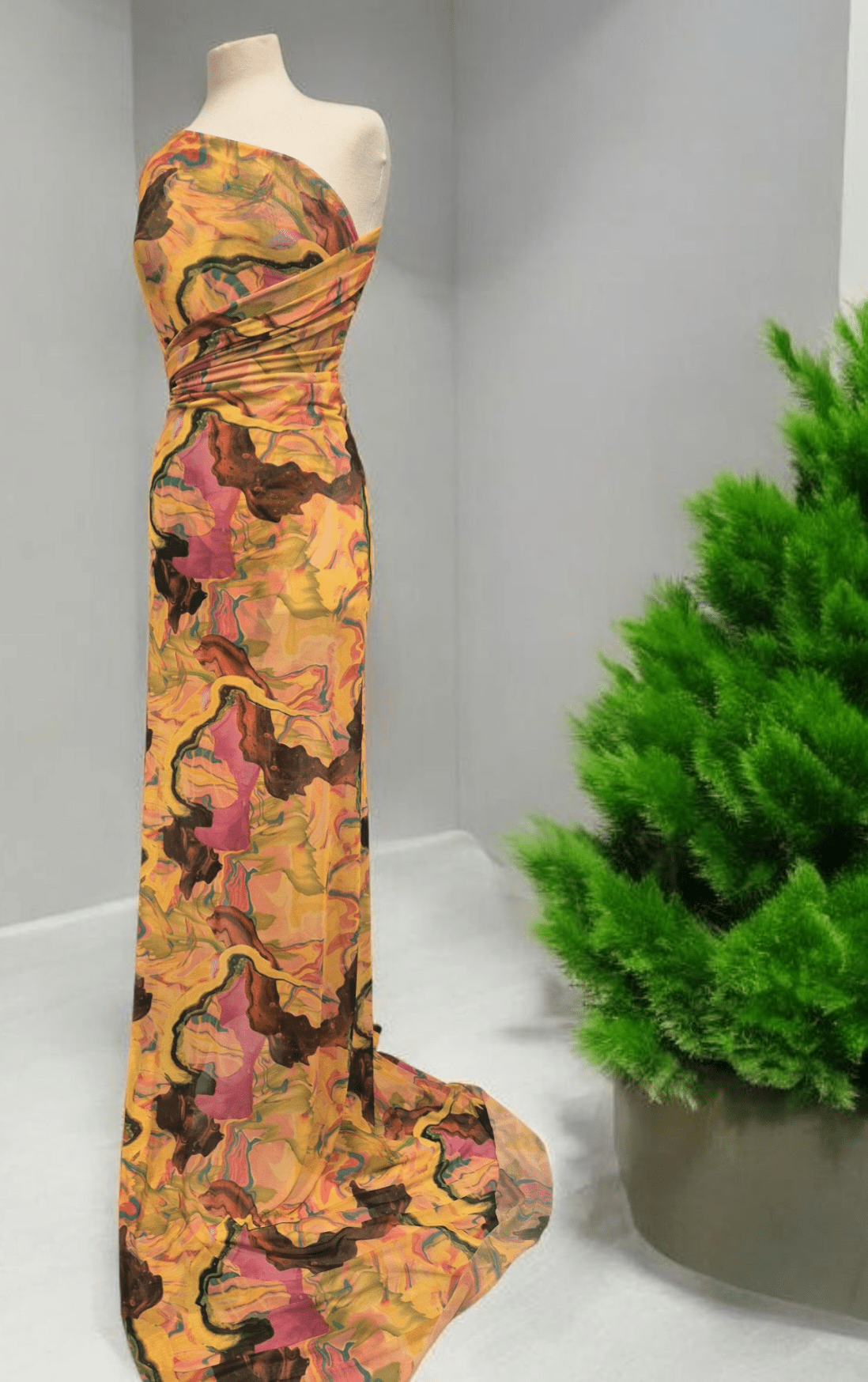 Yellow Mix Paint Print Mesh Fabric Stretch