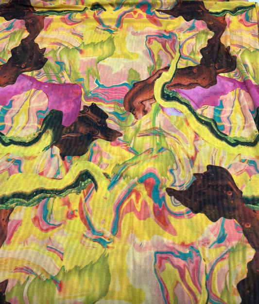 Yellow Mix Paint Print Mesh Fabric Stretch