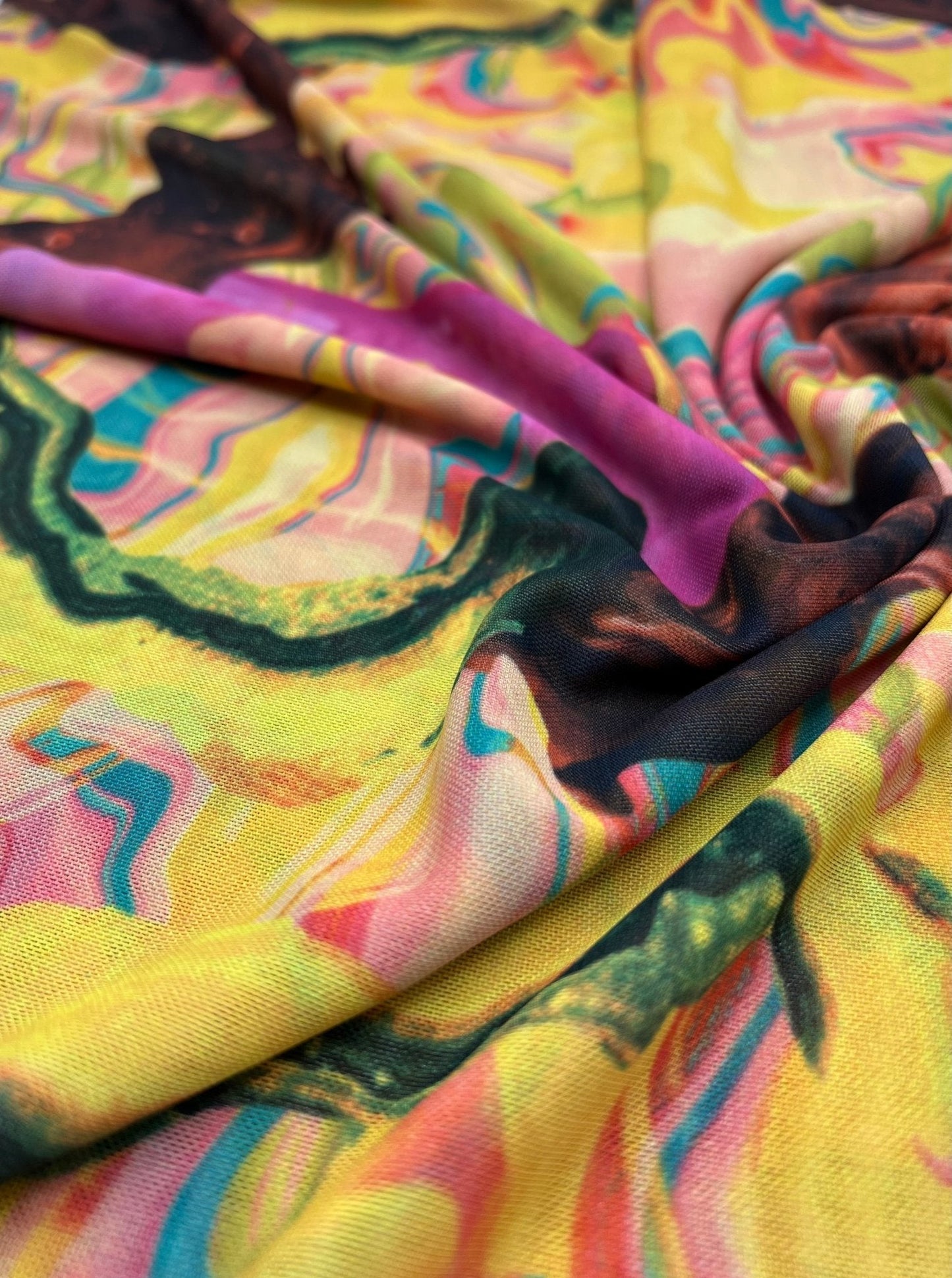 Yellow Mix Paint Print Mesh Fabric Stretch