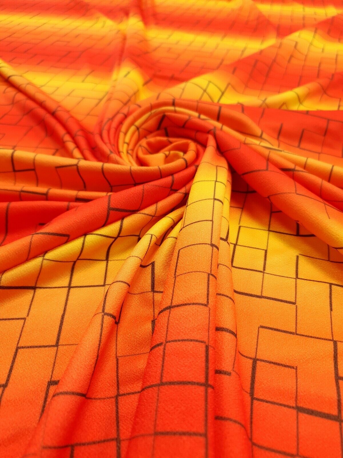 Yellow & Orange Squares Print Lightweight Jersey Crepe Fabric 4 Way Stretch