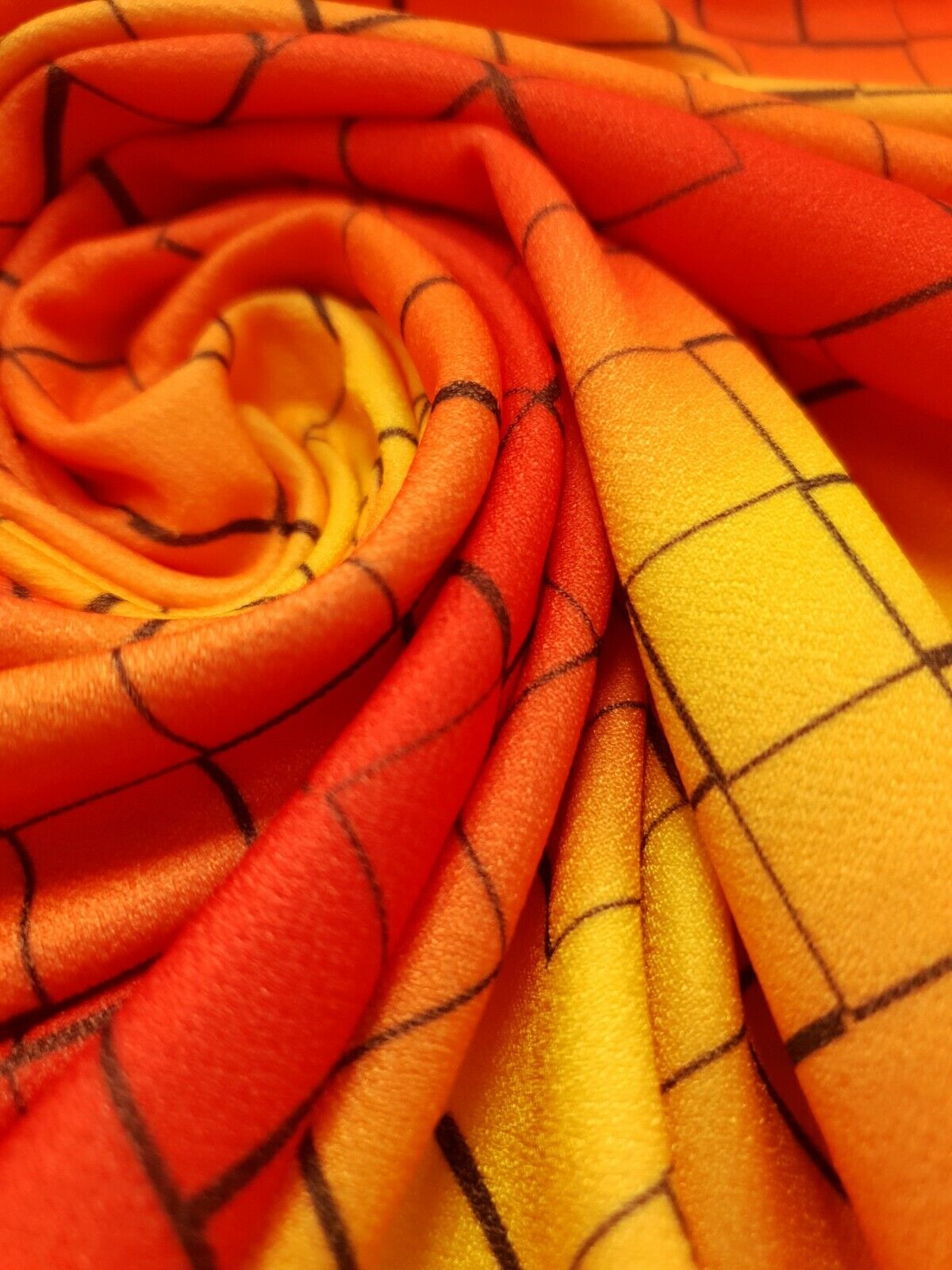 Yellow & Orange Squares Print Lightweight Jersey Crepe Fabric 4 Way Stretch