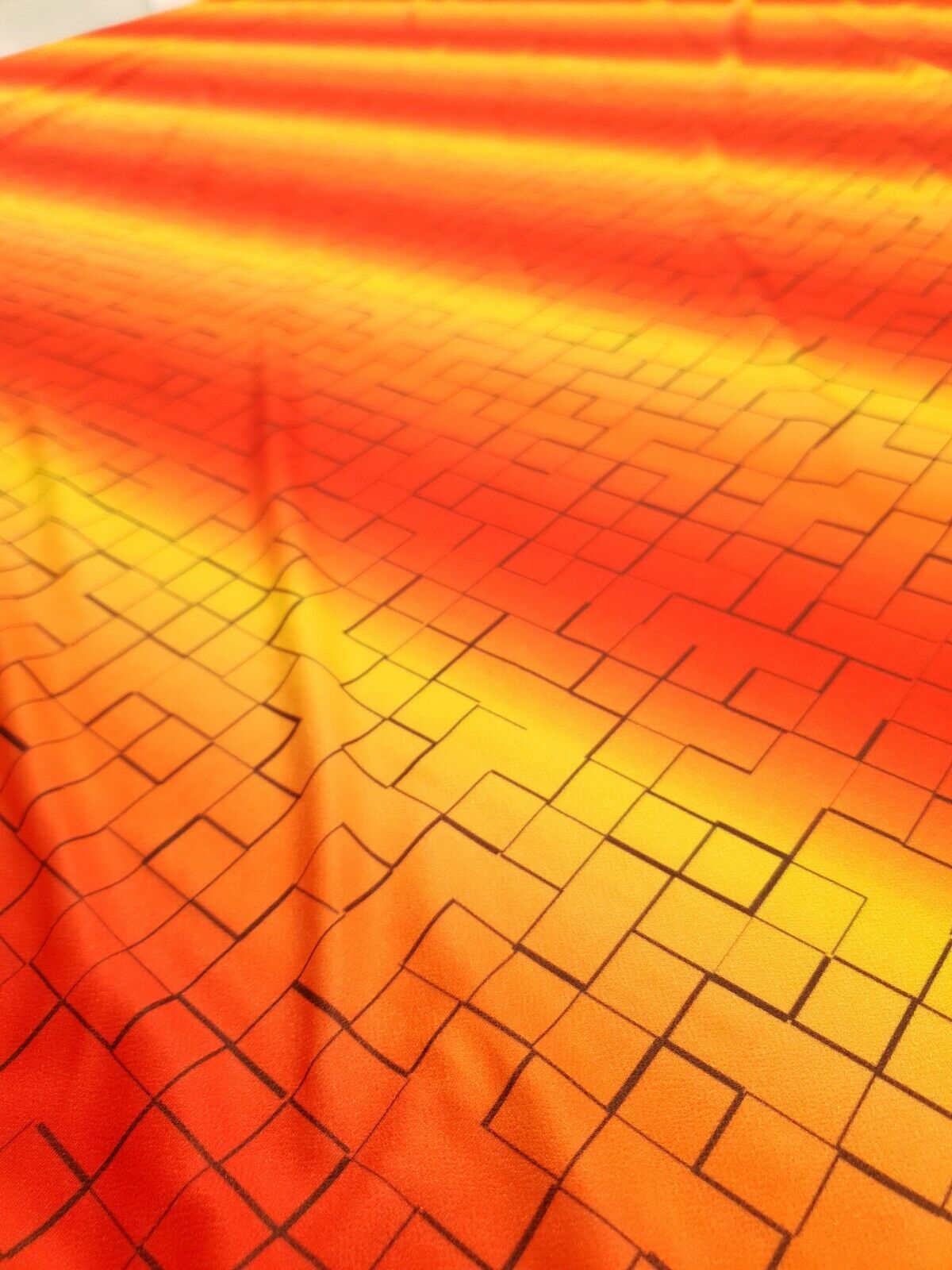 Yellow & Orange Squares Print Lightweight Jersey Crepe Fabric 4 Way Stretch