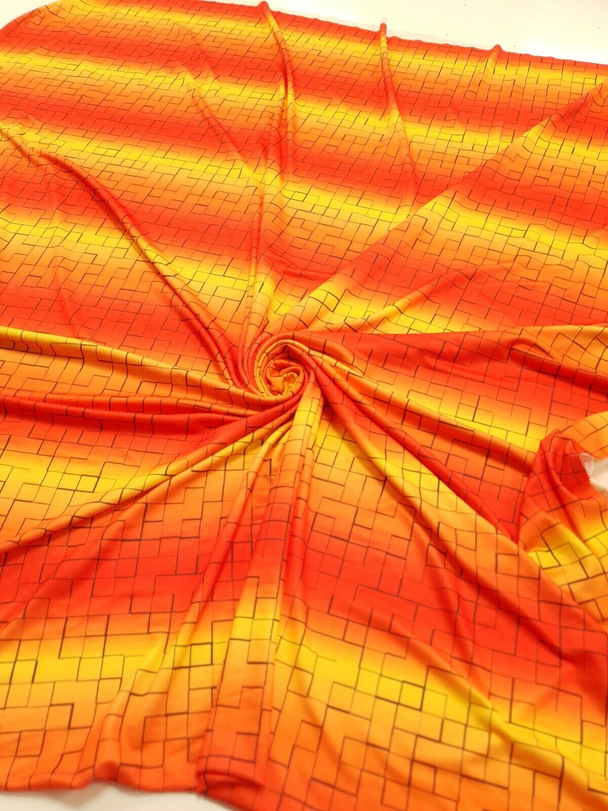 Yellow & Orange Squares Print Lightweight Jersey Crepe Fabric 4 Way Stretch