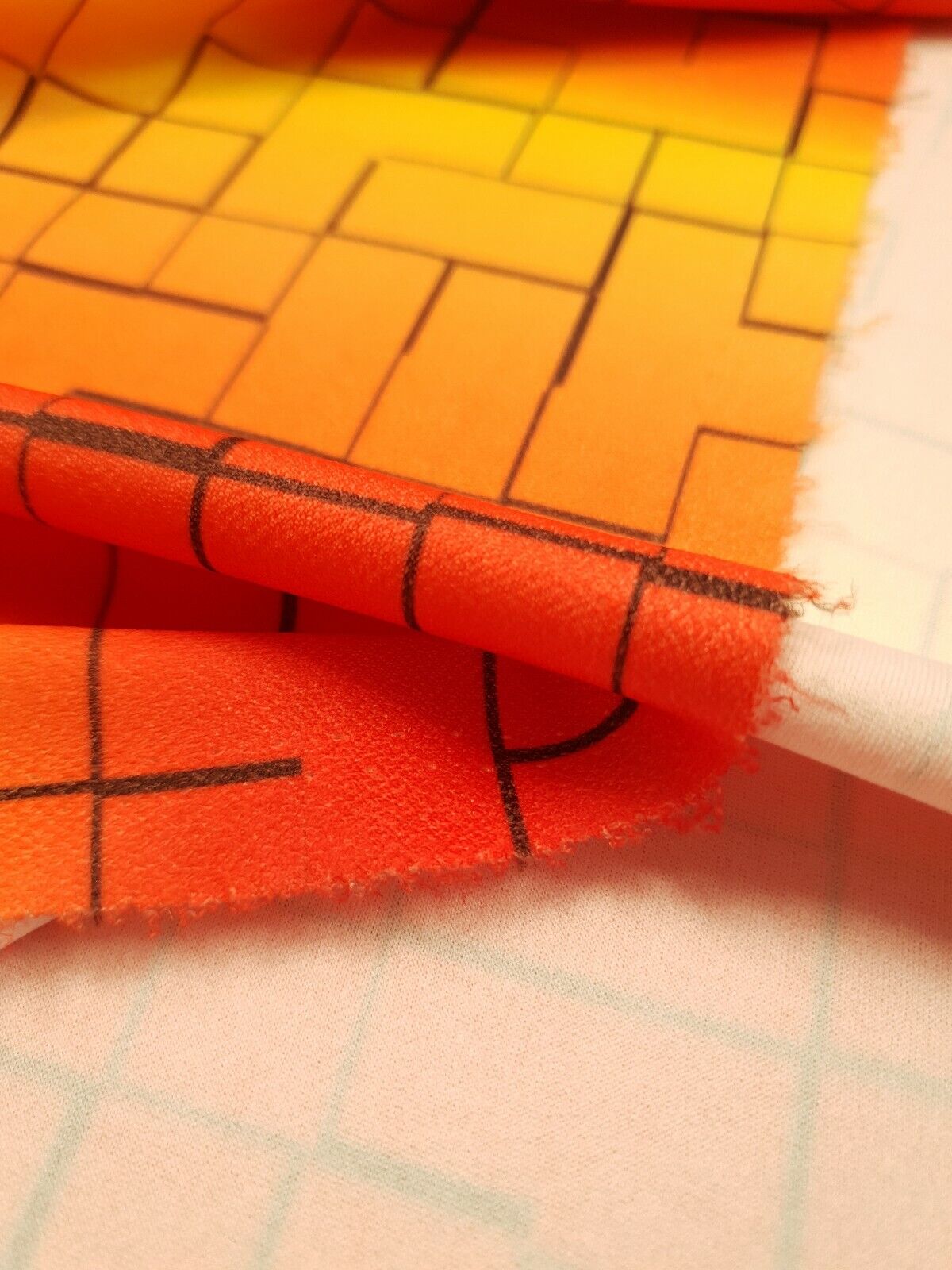 Yellow & Orange Squares Print Lightweight Jersey Crepe Fabric 4 Way Stretch